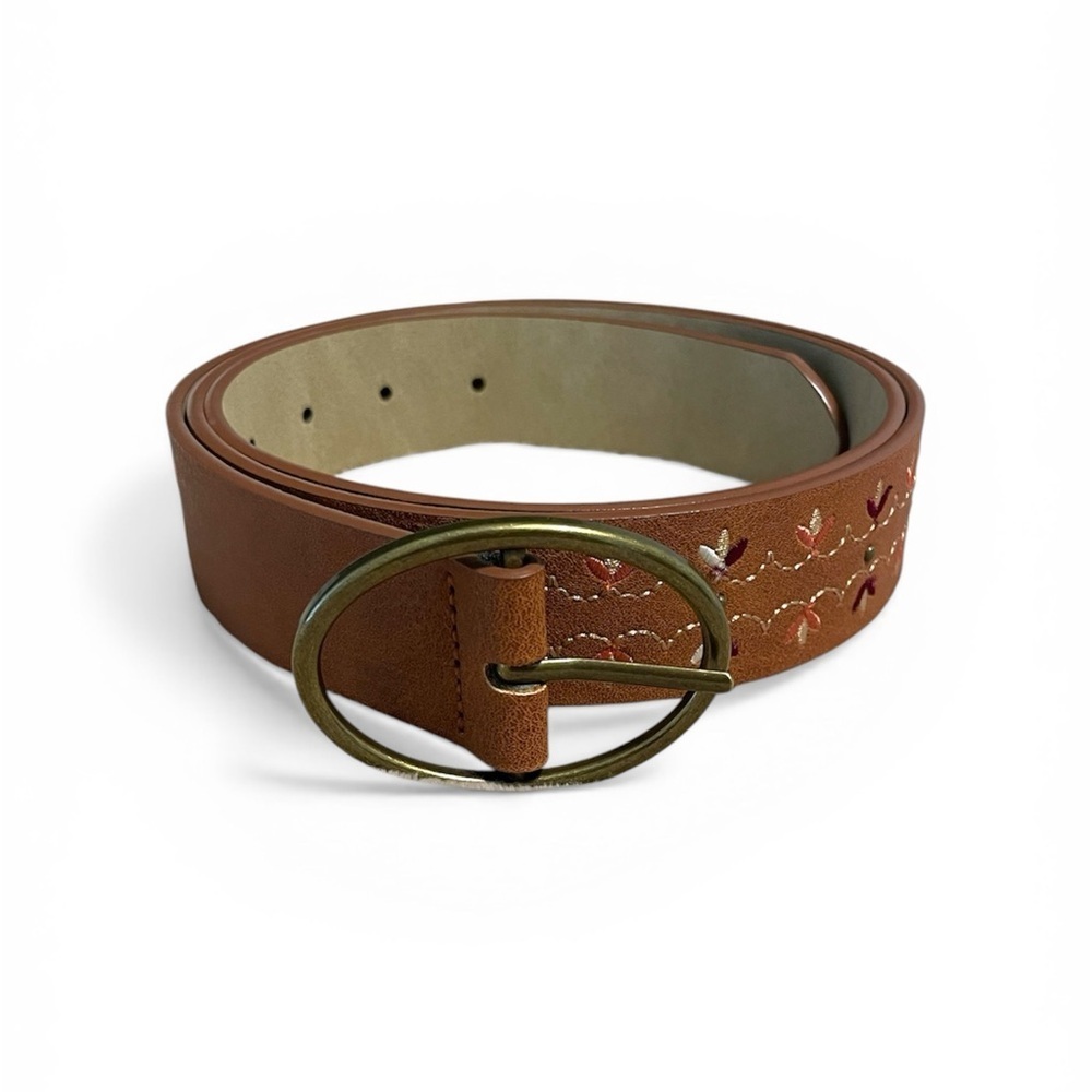 Embroidered Brown Leather Belt with Brass Oval Buckle
